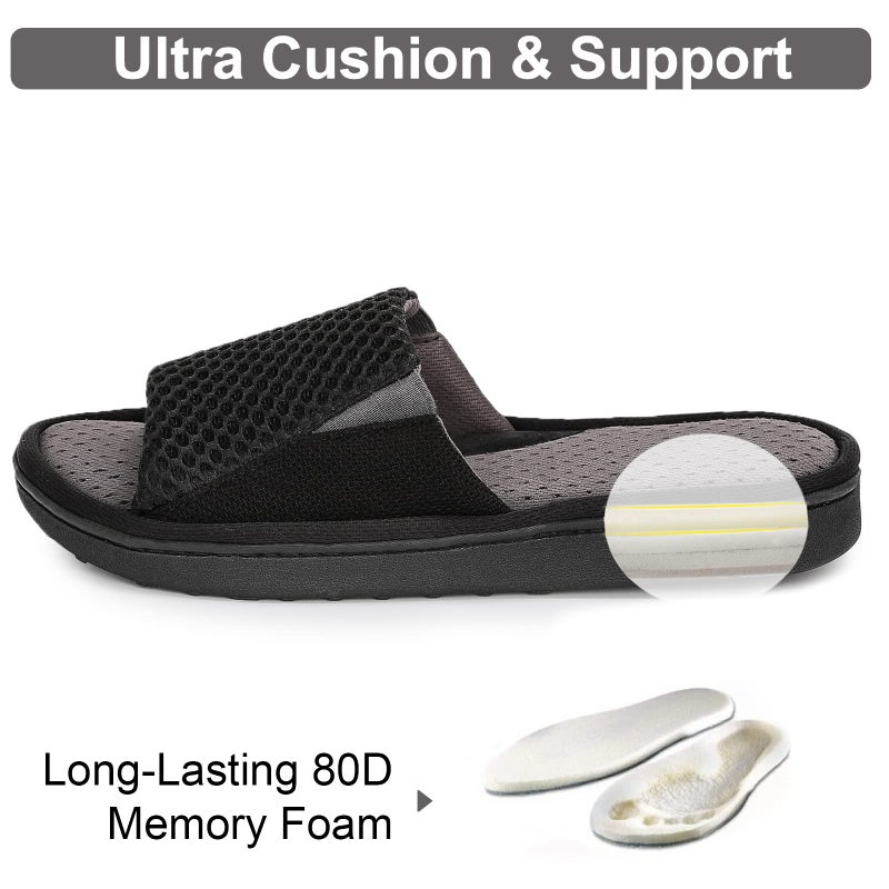 LongBay Men's Comfy Memory Foam Slide Slippers Breathable Mesh Cloth House Shoes (Large / 11-12 D(M) US, Black) - Image 3